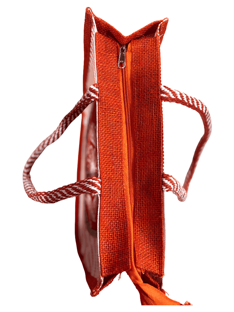 Orange Striped Jute Tote Bag with Floral Embroidery(T) view 3