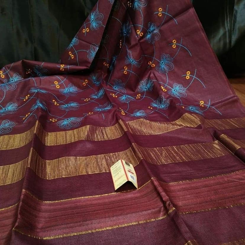 Silkmark Certified Eri Silk Digital Embroidered Maroon Saree with Running Blouse-6876