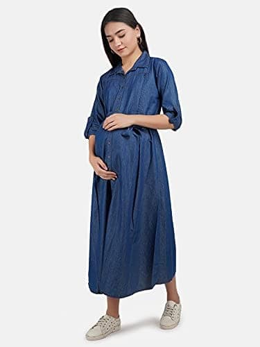 KOI SLEEPWEAR Women's Denim Maternity Gown with Feeding Pocket Maxi Night Gown for Pregnant Women (Large, Dark Blue) view 3