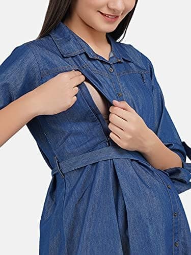 KOI SLEEPWEAR Women's Denim Maternity Gown with Feeding Pocket Maxi Night Gown for Pregnant Women (Large, Dark Blue) view 4