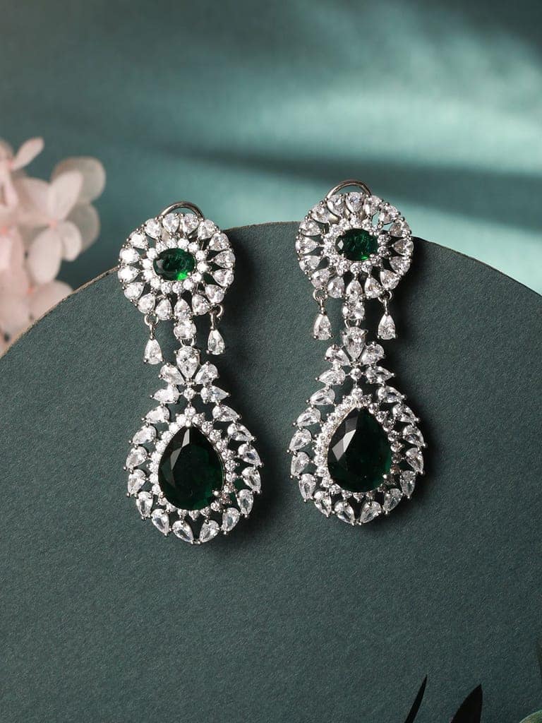 Silver Plated Green AD Studded Statement Drop Earrings view 2