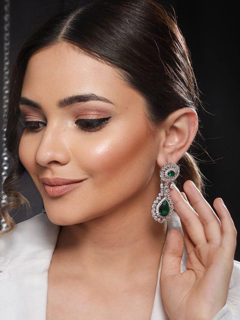 Silver Plated Green AD Studded Statement Drop Earrings view 3