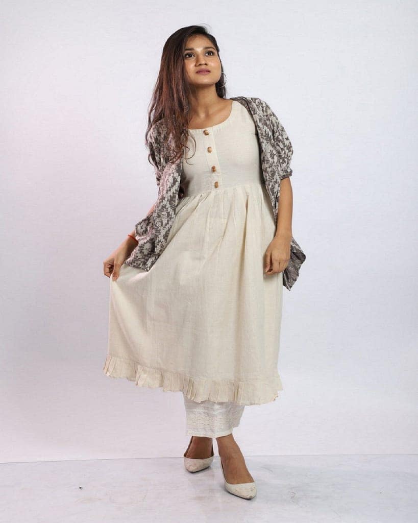 Off White Morning Glory Dress with Batik Printed Cotton Overlay view 4