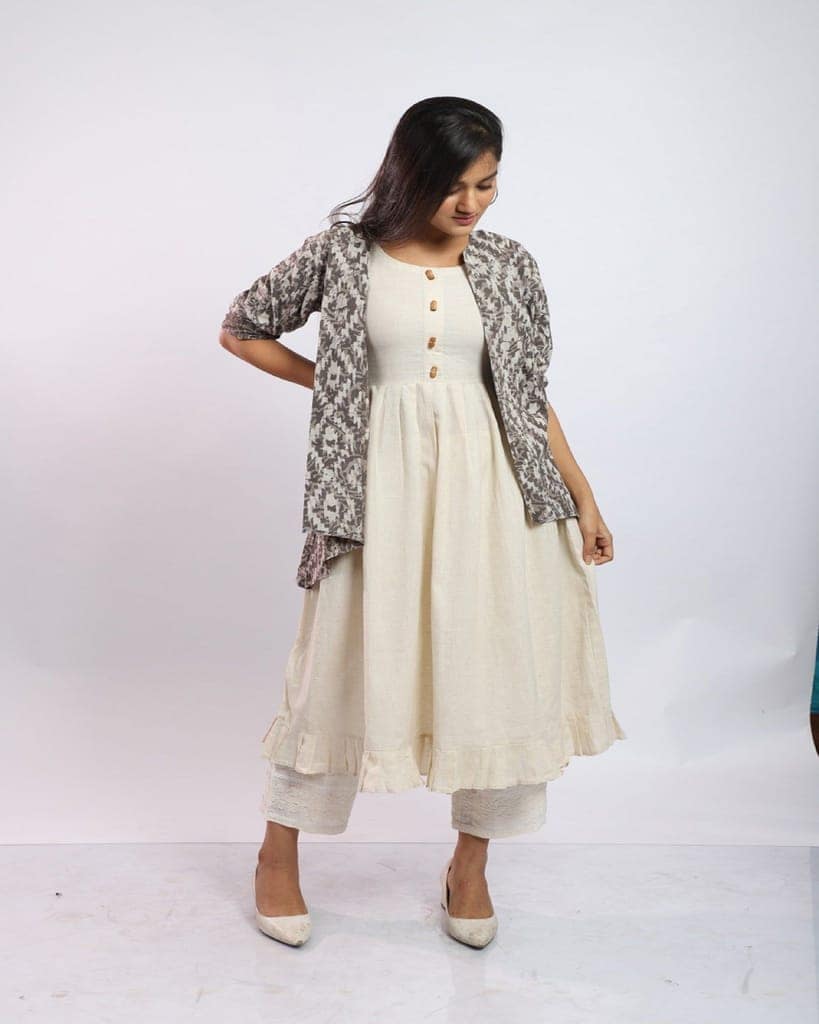Off White Morning Glory Dress with Batik Printed Cotton Overlay view 8