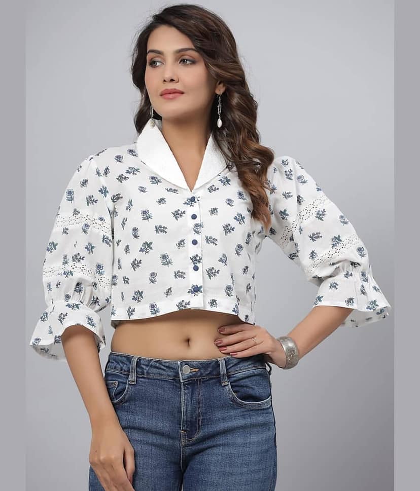 Juniper Women Printed Cotton Blend Shirt ( White )