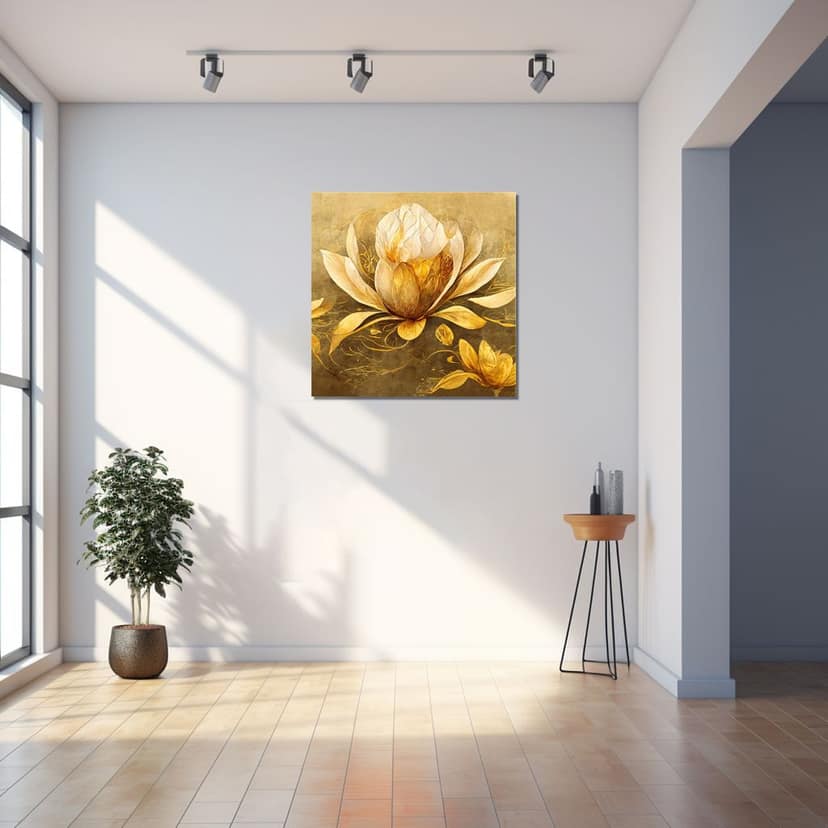 GOLDEN LOTUS WALL ART 24in X 24in WITH BLACK FRAME