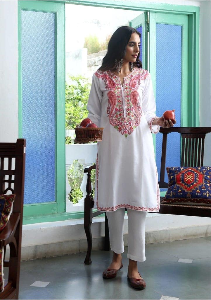 HOC Crafts Aari Embroidered Cotton Solid Women's Long Kurta - White