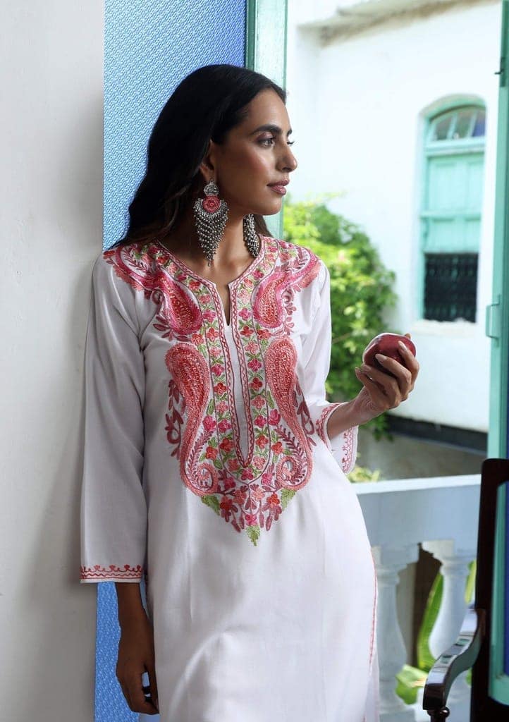 HOC Crafts Aari Embroidered Cotton Solid Women's Long Kurta - White view 3