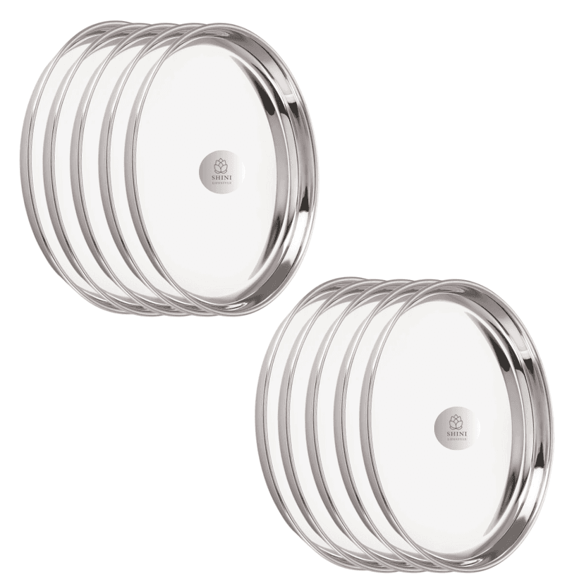 SHINI LIFESTYLE High Gloss Mirror Finish Bhojan Thali Set, Dinner Plates, Lunch Plate(Dia-30cm, 10Pc)