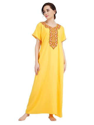 KOI SLEEPWEAR Women's Paan Shape Cotton Blend Embroidered Full Length Night Gown/Maxi/Nighty (Sunflower Yellow, L)