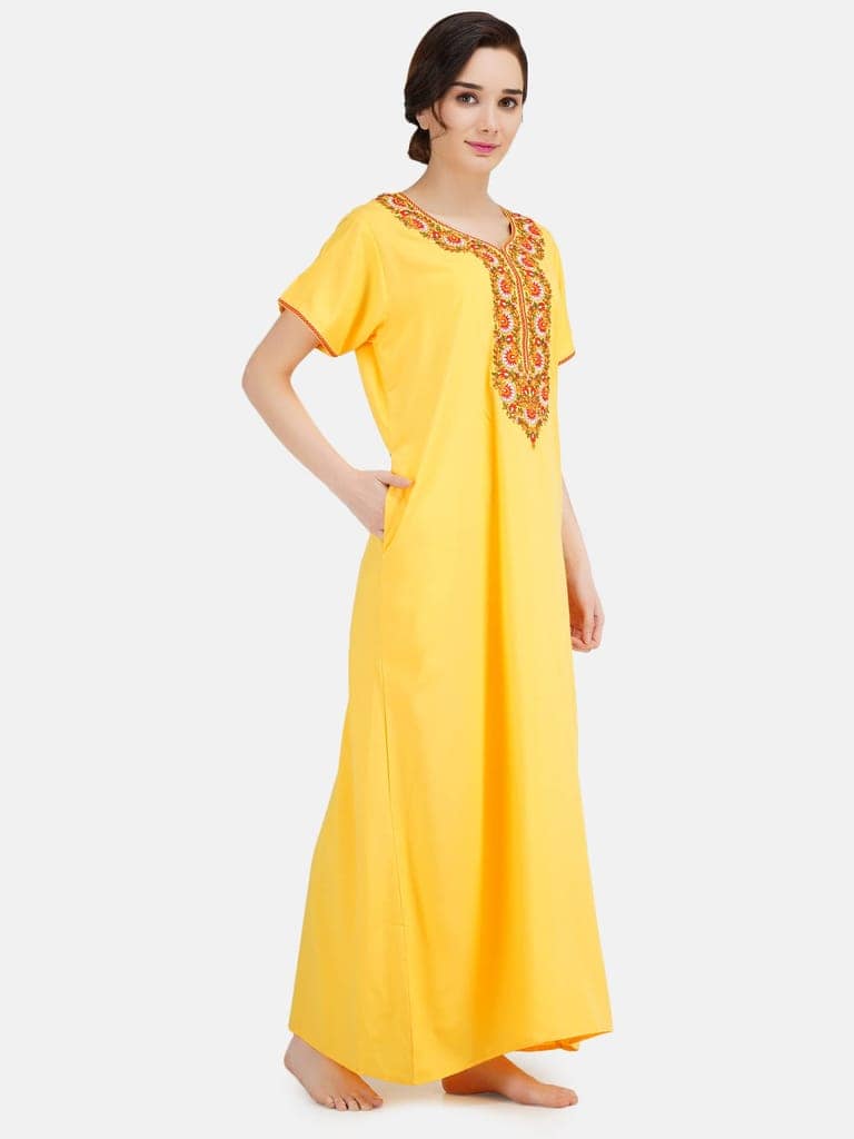 KOI SLEEPWEAR Women's Paan Shape Cotton Blend Embroidered Full Length Night Gown/Maxi/Nighty (Sunflower Yellow, L) view 2