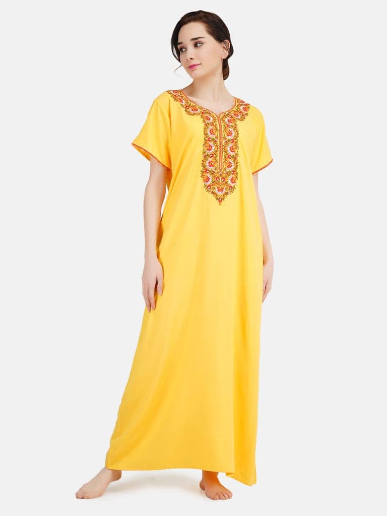 KOI SLEEPWEAR Women's Paan Shape Cotton Blend Embroidered Full Length Night Gown/Maxi/Nighty (Sunflower Yellow, L) view 3