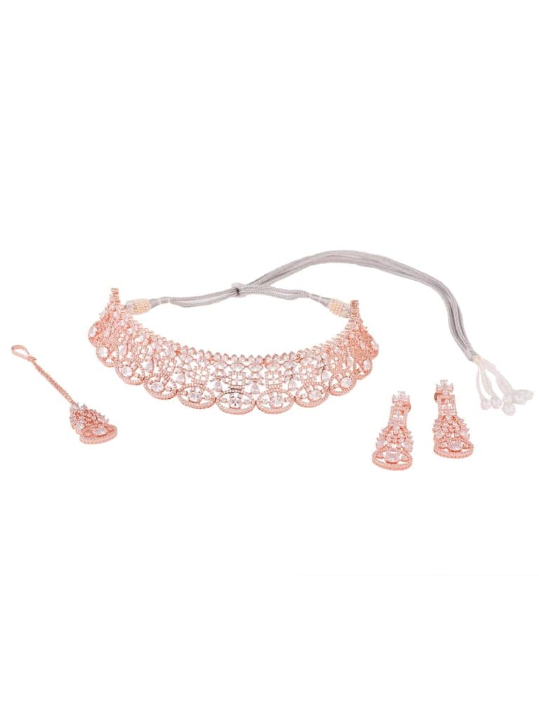 Rose Gold Plated White AD Studded Choker Dropdown Earrings Jewellery Set view 10