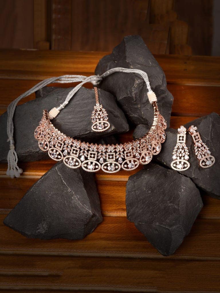 Rose Gold Plated White AD Studded Choker Dropdown Earrings Jewellery Set view 2