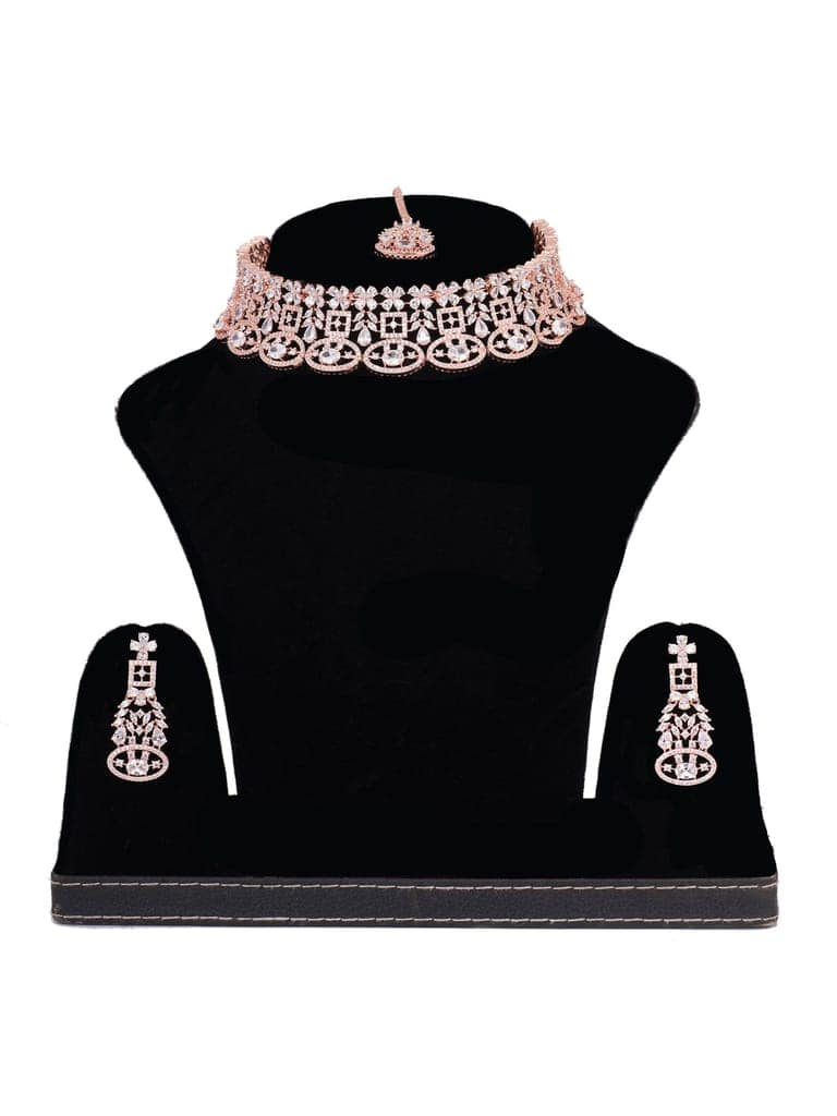Rose Gold Plated White AD Studded Choker Dropdown Earrings Jewellery Set view 4