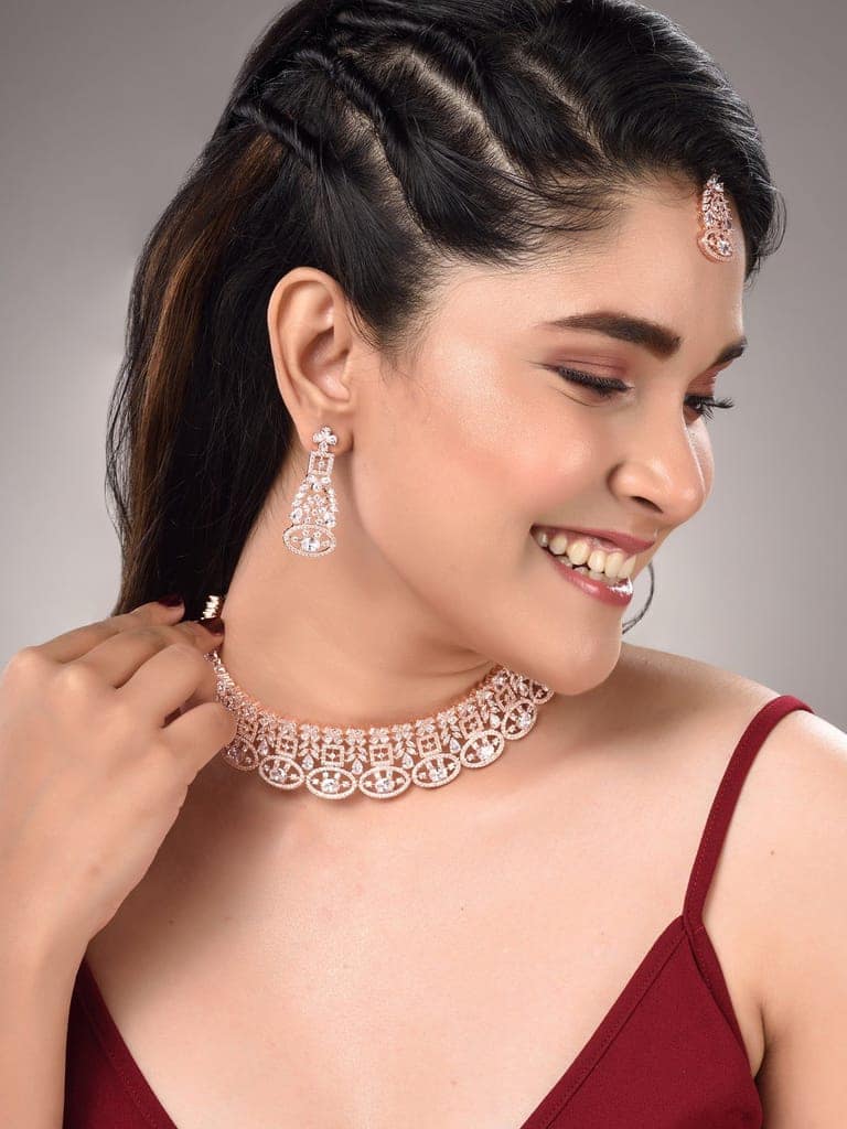 Rose Gold Plated White AD Studded Choker Dropdown Earrings Jewellery Set view 5