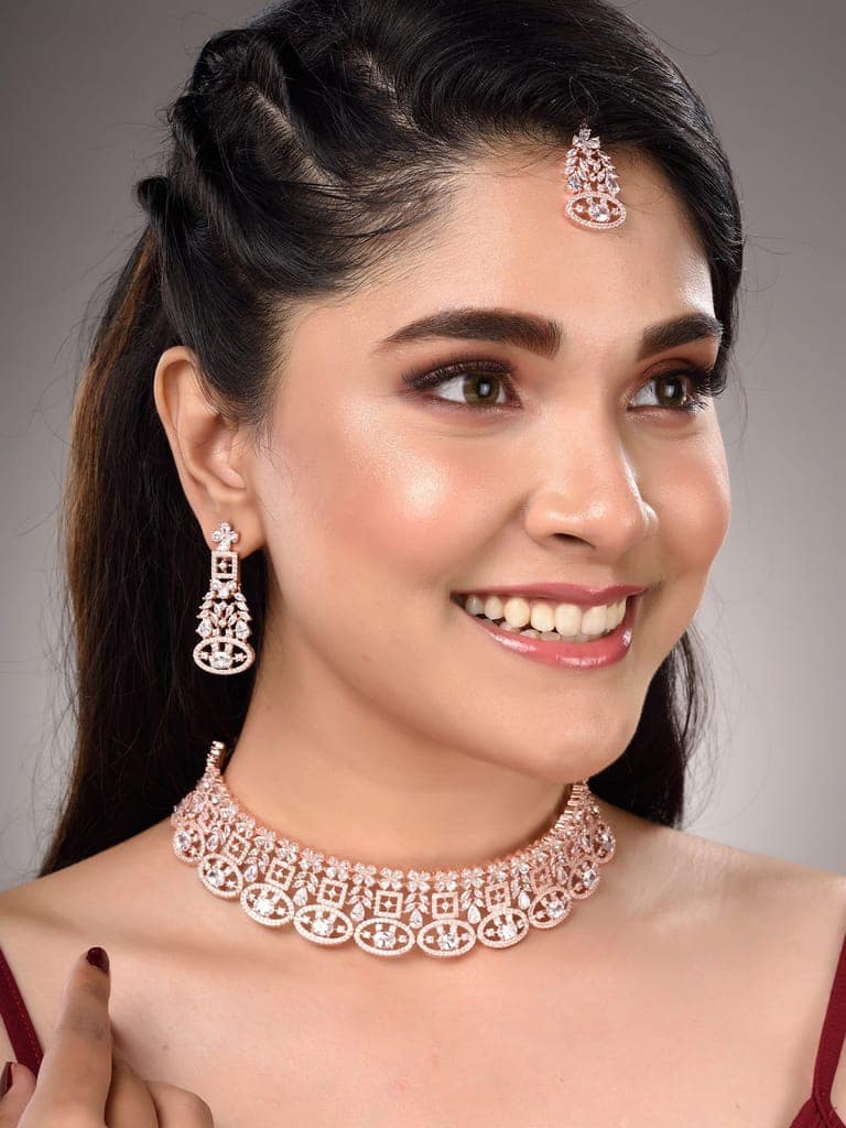 Rose Gold Plated White AD Studded Choker Dropdown Earrings Jewellery Set view 6