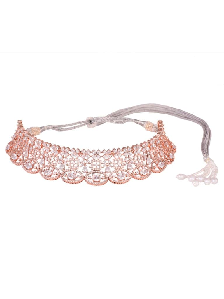 Rose Gold Plated White AD Studded Choker Dropdown Earrings Jewellery Set view 9