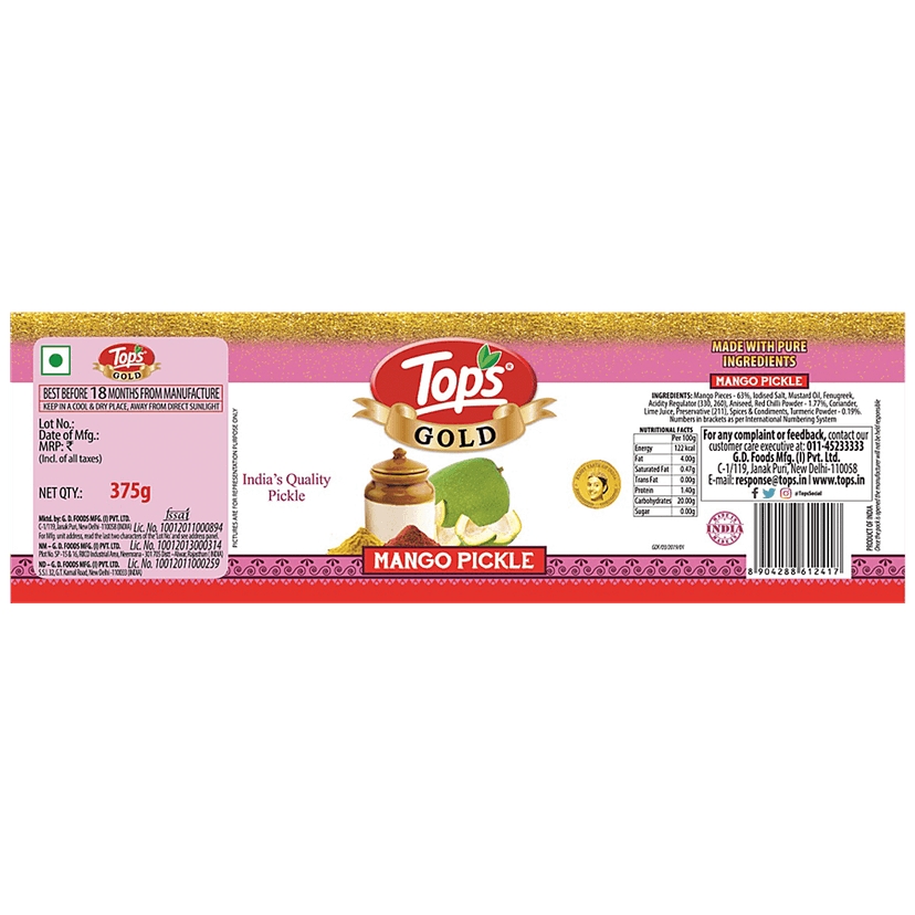 Tops Pickle - Gold Mango, Spicy Condiment, Accompaniment For Meals, 375 G Bottle view 2