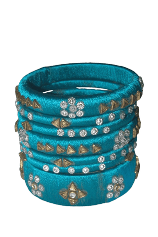 Light Blue Silk Thread Bangles with Design of White Stones