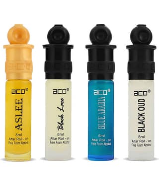 Aco Set of 4 Attar, Aslee, Black Lace, Black Oud & Blue Arabia For Men, 8ml Each