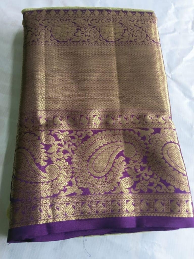 Green and Purple Silk Saree With Golden Zari Border view 3