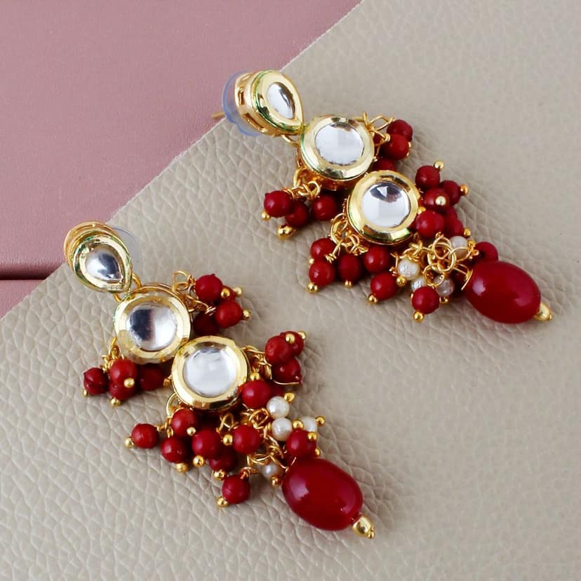 Lucky Jewellery Traditional Back Meenkari Gold Plated uncut kundan Maroon Earrings (193-J5EK-1810-M)