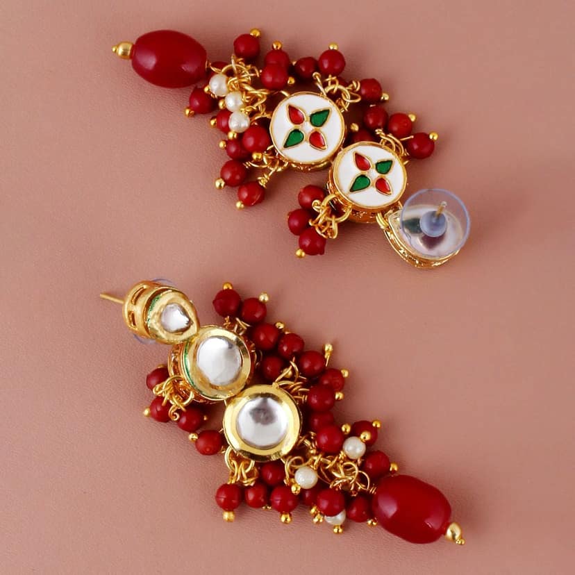 Lucky Jewellery Traditional Back Meenkari Gold Plated uncut kundan Maroon Earrings (193-J5EK-1810-M) view 2