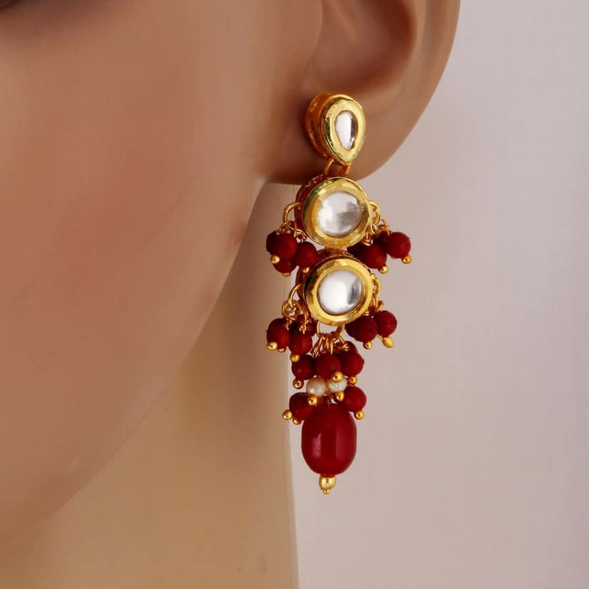 Lucky Jewellery Traditional Back Meenkari Gold Plated uncut kundan Maroon Earrings (193-J5EK-1810-M) view 5