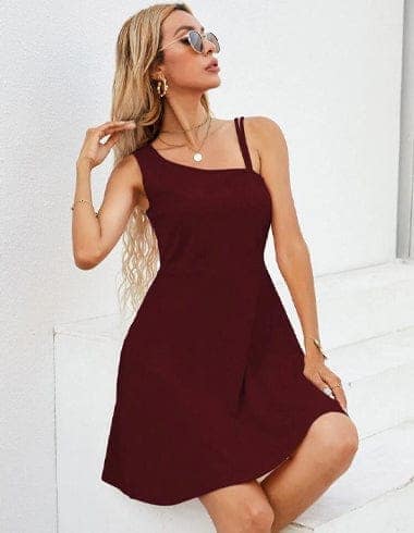 Crimson Chic: Flared Hem Asymmetric Dress in Burgundy view 3