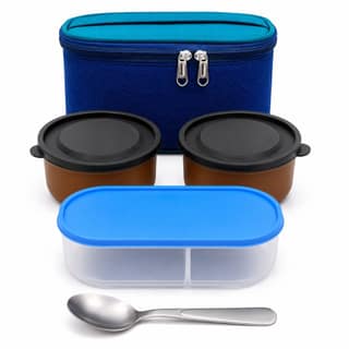 V3Deals Plastic Lunch Box with 2 Plastic Bowls, Spoon & Carry Bag | Tiffin Set, Food Grade Plastic, 2 Large Plastic Bowls, Spoon Included, Carry Bag, 2 Bowl Combo, Compact & Portable, Oval Tiffin Box