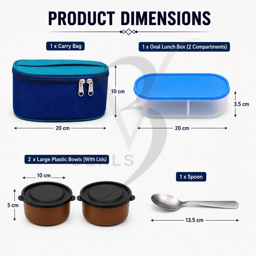 V3Deals Plastic Lunch Box with 2 Plastic Bowls, Spoon & Carry Bag | Tiffin Set, Food Grade Plastic, 2 Large Plastic Bowls, Spoon Included, Carry Bag, 2 Bowl Combo, Compact & Portable, Oval Tiffin Box view 3