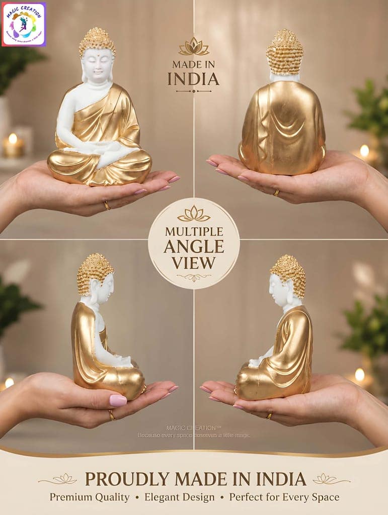 WUGO Handcrafted White Meditating Buddha Sculpture for Home Décor, Office, Yoga Studio, Meditation Room and Spiritual Gift view 3