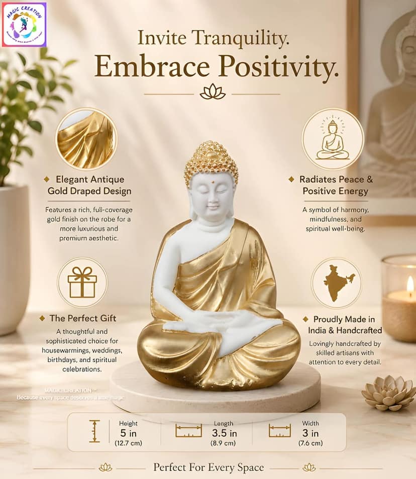 WUGO Handcrafted White Meditating Buddha Sculpture for Home Décor, Office, Yoga Studio, Meditation Room and Spiritual Gift view 4