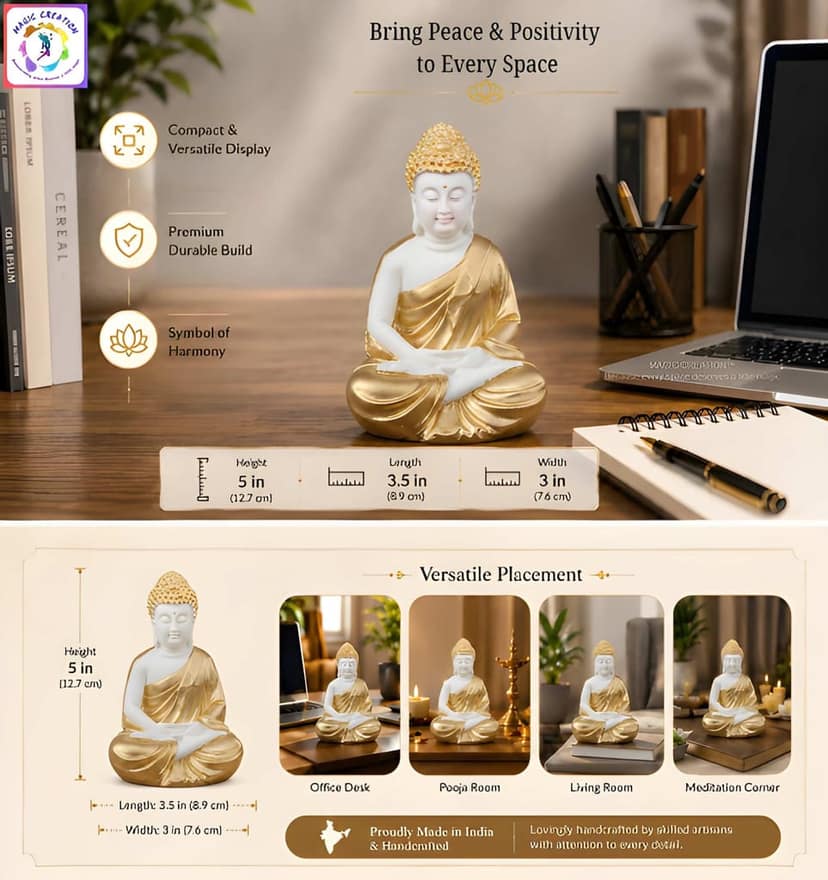 WUGO Handcrafted White Meditating Buddha Sculpture for Home Décor, Office, Yoga Studio, Meditation Room and Spiritual Gift view 5
