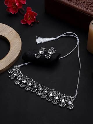 Cardinal Oxidized Silver Color Mirror Choker Necklace Set