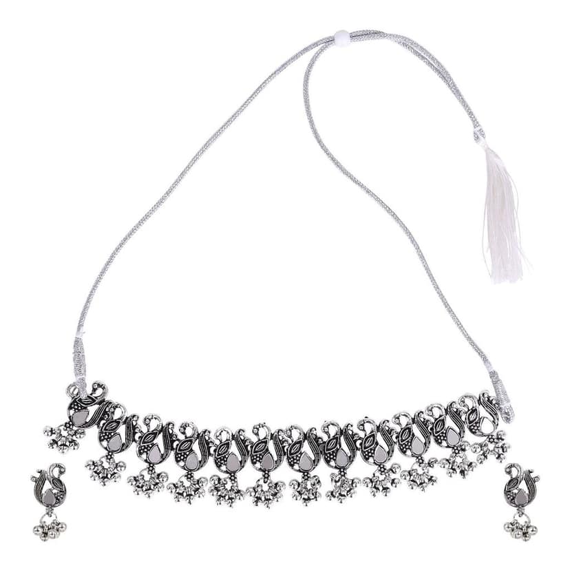 Cardinal Oxidized Silver Color Mirror Choker Necklace Set view 2