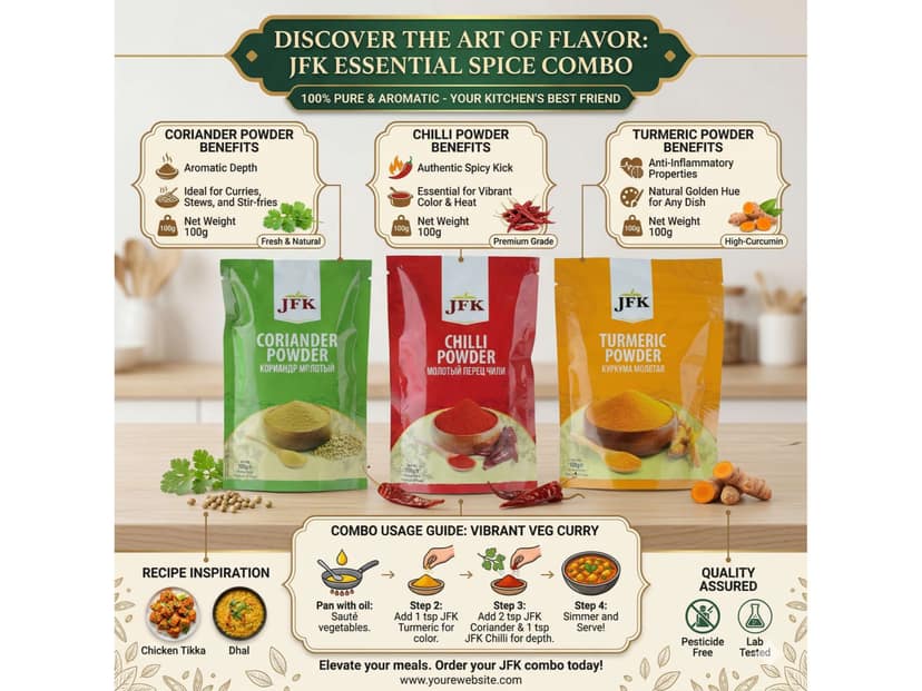 JFK 3 Spice Combo Pack, Turmeric Powder, Coriander Powder & Red Chilli Powder - 300 g view 4