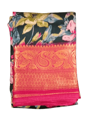 Green Floral Saree With Pink Border