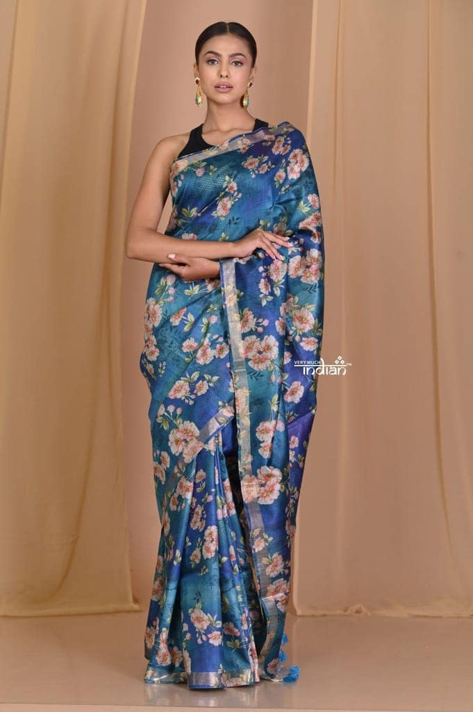 Pehal~ Authentic Starlight Blue Yellow Moonga Saree with Sleek Border & Beautiful Floral print.