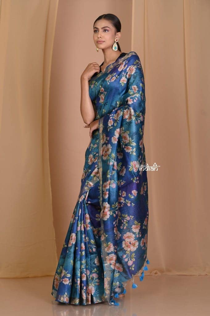 Pehal~ Authentic Starlight Blue Yellow Moonga Saree with Sleek Border & Beautiful Floral print. view 4