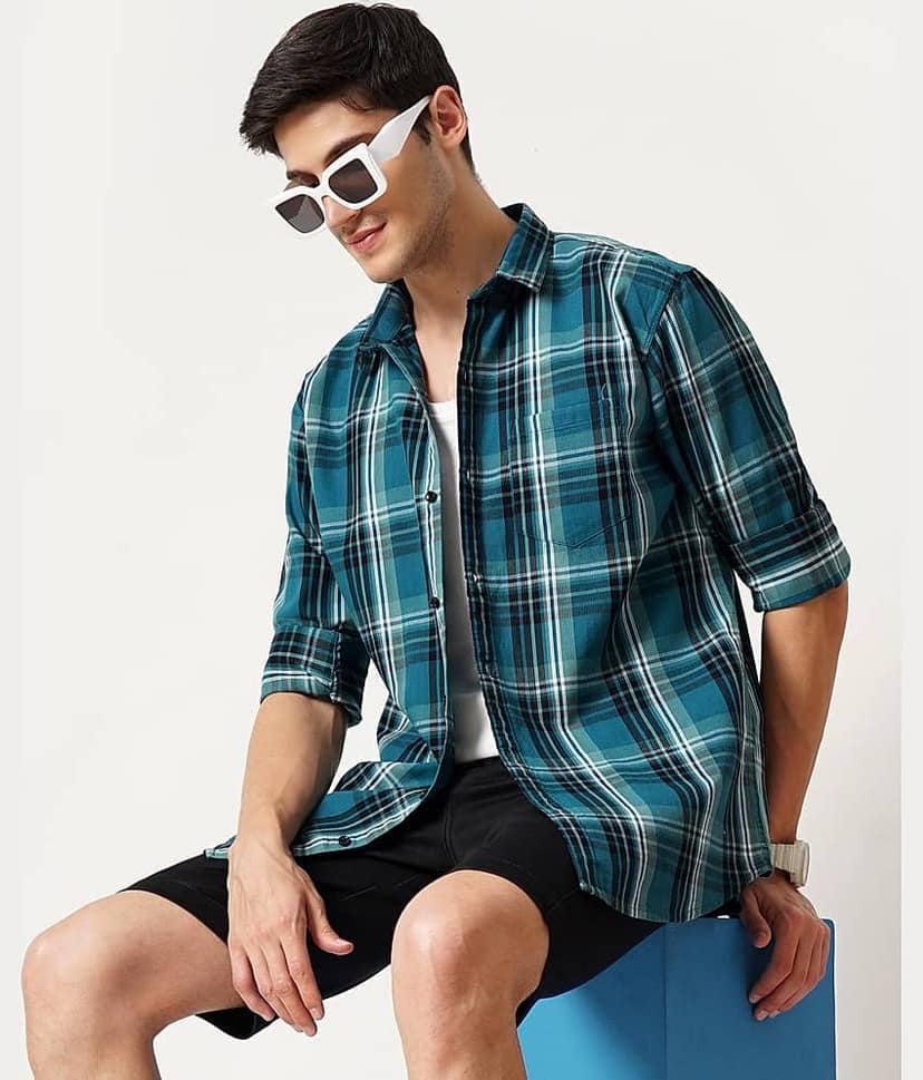 HETIERS Corduroy Slim Fit Checks Full Sleeves Men's Casual Shirt - Blue ( Pack of 1 ) view 6