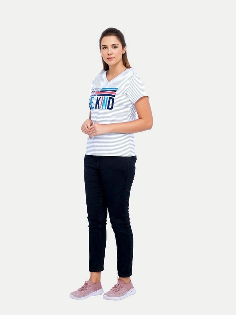 Women White Striped Half Sleeve Printed V Neck T-shirt view 3