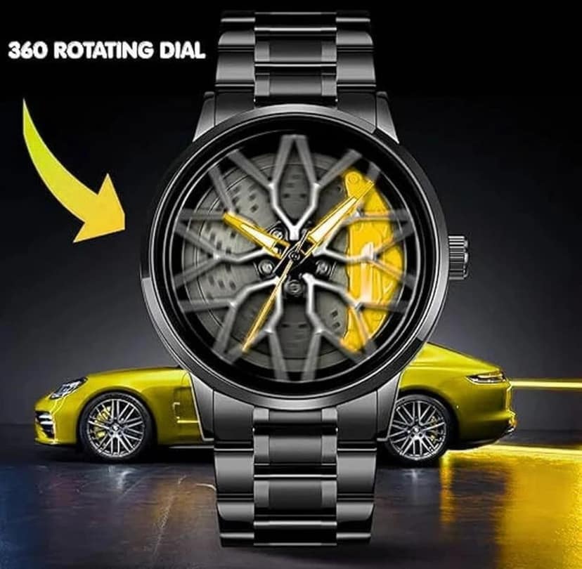 Wheel Watch Unique Wheel Dial & Yellow Accent Stylish Men's Wrist Watch 360 rotating watch view 4