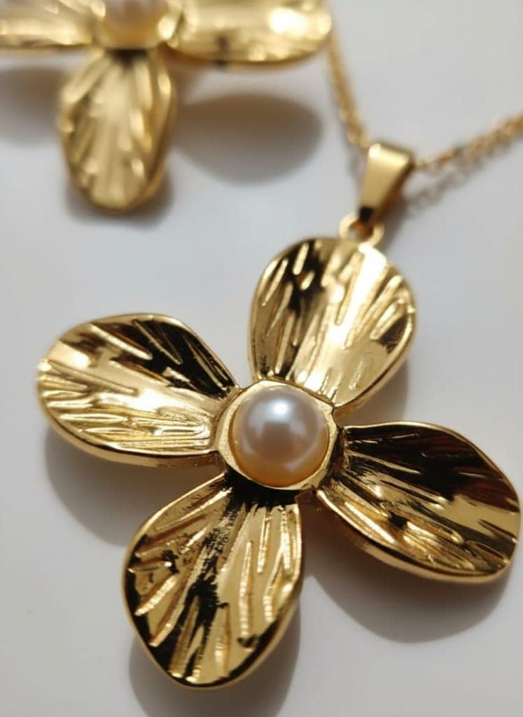 GemGleam Gold Plated Pearl Pendant Set with Earrings for Women | Elegant Designer Jewellery | Anti-Tarnish | Skin-Friendly | Stylish Lightweight Jewellery for Girls (Blossom Pearl) view 5