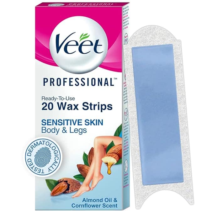 Veet Full Body Waxing Strips Kit For Sensitive Skin (20 Strips) Cold Gel Wax Hair Removal for Women Upto 28 Days of Smoothness No Wax Heater or Wax Beans Required
