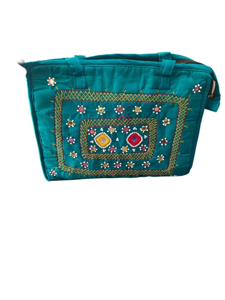 Green Hand Embroidered Mirror Work Tote Bag with Adjustable Strap view 3