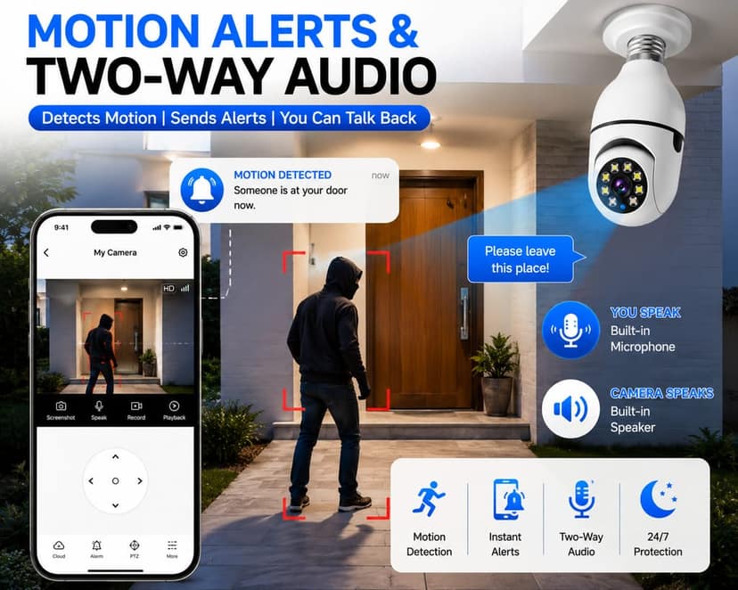 WiFi Panorama Bulb Security Camera | 360° Pan Tilt Wireless IP Camera | V380 Pro App Compatible | Two-Way Audio | Motion Detection Alert | Night Vision | Remote Viewing | Micro SD Card Support | Home & Office Surveillance view 3