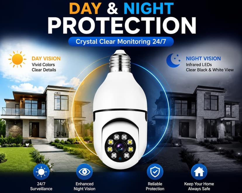 WiFi Panorama Bulb Security Camera | 360° Pan Tilt Wireless IP Camera | V380 Pro App Compatible | Two-Way Audio | Motion Detection Alert | Night Vision | Remote Viewing | Micro SD Card Support | Home & Office Surveillance view 5