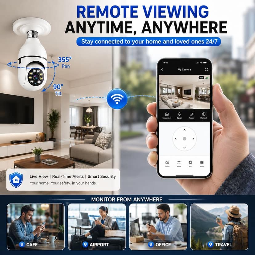 WiFi Panorama Bulb Security Camera | 360° Pan Tilt Wireless IP Camera | V380 Pro App Compatible | Two-Way Audio | Motion Detection Alert | Night Vision | Remote Viewing | Micro SD Card Support | Home & Office Surveillance view 6